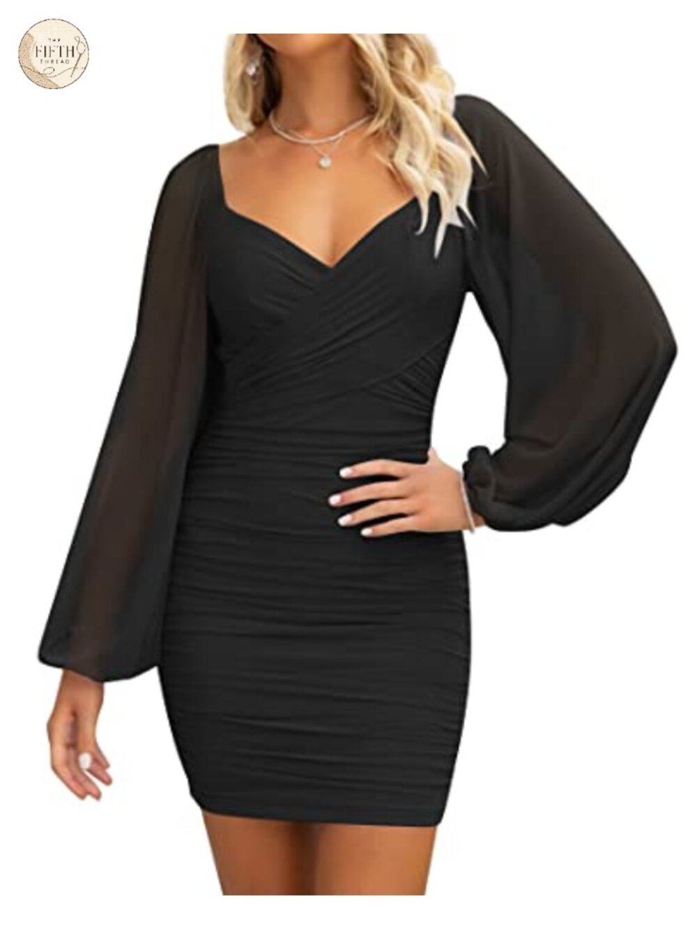 Sheer Puff Sleeve Sweetheart Neck Ruched Bodycon Mini Dress